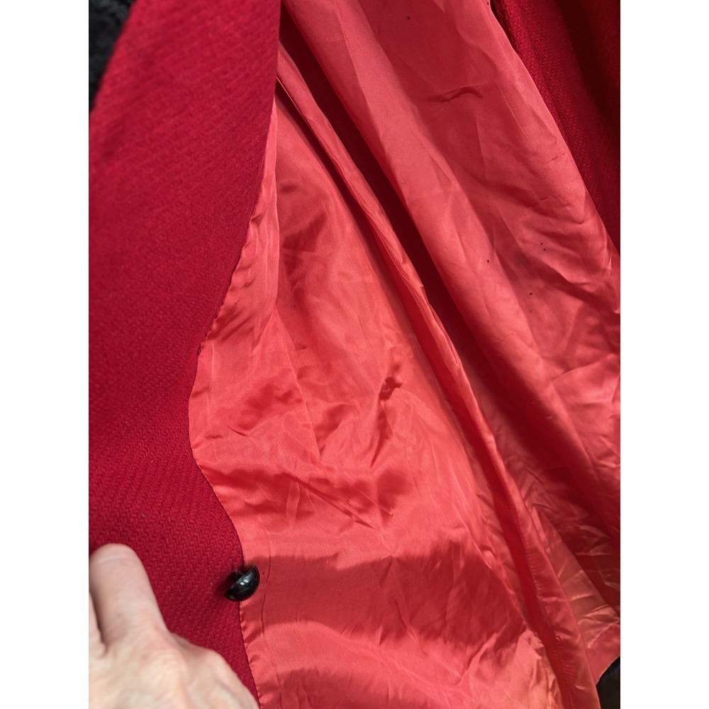 Vintage 1960s Red Princess Coat Wool Black Faux Fur Trim Hoood Long Sz S A-Line - Picture 9 of 16